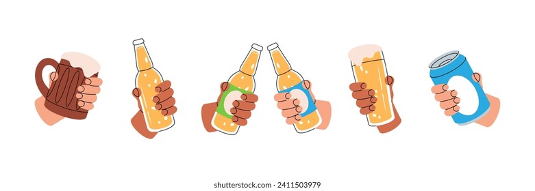 Hands with beer bottles, glass, mugs. Beer pub products. Brewing process, brewery factory production. Vector illustration.