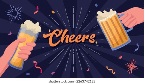 Hands with beer and firework banner. Cheers and toast, holiday and festival. Graphic element for website. Characters with alcoholic drinks in their hands. Cartoon flat vector illustration
