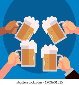 hands with beer mugs celebration event, cheers vector illustration