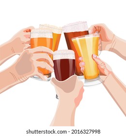 Hands with beer mugs, pilsner and weizen glasses. Light and dark beer. For banners, flyers, posters, cards. Beer day. Alcoholic drinks. Vector illustration isolated on white background.