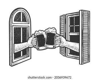 Hands with beer from the windows opposite each other home party sketch engraving vector illustration. T-shirt apparel print design. Scratch board imitation. Black and white hand drawn image.