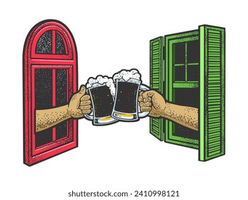 Hands with beer from the windows opposite each other home party sketch hand drawn color engraving vector illustration. T-shirt apparel print design. Scratch board imitation. Black and white 