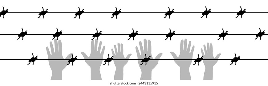 Hände hinter Stacheldraht. Menschen hinter Stacheldraht. Flacher Stil. Vektorsymbol