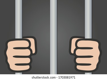 Manos tras las rejas, hombre en prisión, barras en jaula de acero en la cárcel, criminal encerrado en la cárcel, ilustración vectorial