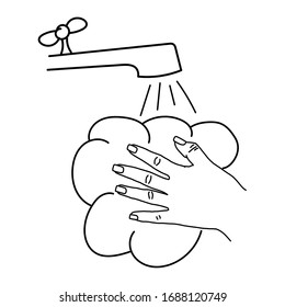 Hands being washed with soap and water from the tap. Vector illustration in black and white. Icon for websites and mobile applications.