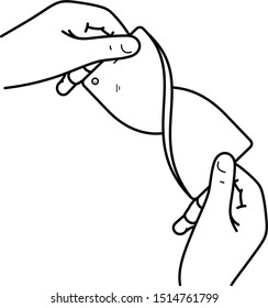 Hands bending flexible smartphone. Vector outline icon.