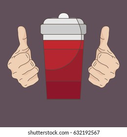 Hands and beverage on purple background. Thumbs up