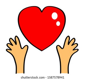 Hands and a big red heart on a white background. Vector illustration.