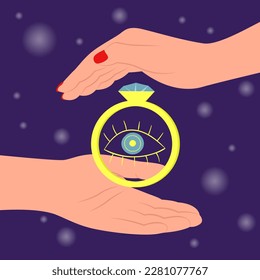 Hands with big wedding ring and seeing eye vector illustration. Cartoon drawing of fortuneteller predicting marriage. Astrology, wedding, prediction, mysticism, fate concept