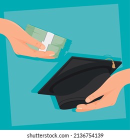 hands with bills and graduation hat