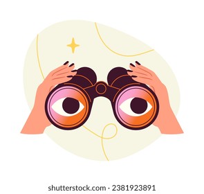 Hands with binocular. Planning and vision of future. Optical instrument and magnifyer with eyes. Graphic element for website. Cartoon flat vector illustration isolated on white background