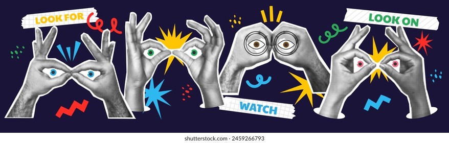 Hands binoculars. Art collage shapes. Eyes look forward through fingers. Web concept for business, marketing, web surfing, searching. Hand gesture. Vector set. Observing and watching concept