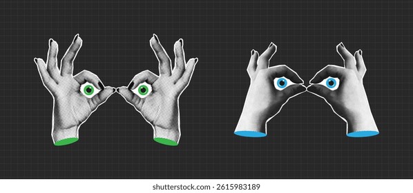 Hands binoculars with halftone effect. Collage gesture hands binoculars with cartoon eyes. Concept of searching or explore. Collage halftone elements for banners and social media. Vector illustration.