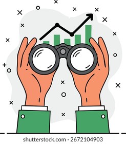 Mãos com binóculos observando gráficos de desempenho financeiro