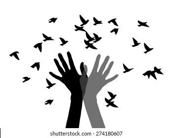 Hands and birds. Hand release the birds. Silhouette of two hands and the birds. Vector black universal web icons isolated on white background.