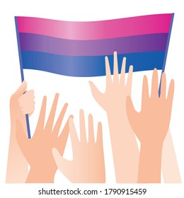 Hands with bisexual flags isolated on white background as a concept of protest, homosexual pride, fight for rights. Flat vector stock illustration with people hands and flags, equality bisexual