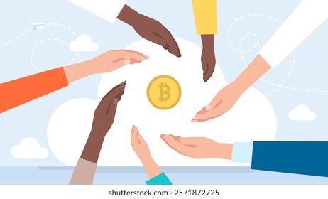 Hands with bitcoin. Cryptocurrencies investment visual concept. Businessman hands holding Cryptocurrencies. Successful Trader. Cryptocurrency exchange. Token production process. Vector illustration. 