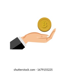 Hands and bitcoin on a white background. Earn bitcoin gold. Money falls or flies. Vector illustration.