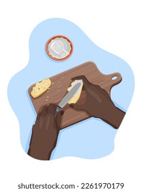 Hands of black lefthand man spread cream cheese on crispy slice of bread with knife on a wooden cutting board with crumbs from personal point of view. Process of cooking. Vector flat isolated concept
