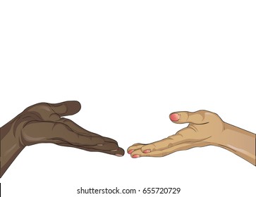 Hands of a black man and a white woman is drawn into each other's hands empty space. They touch each other Free space for your ad or text. Vector illustration isolated on white background