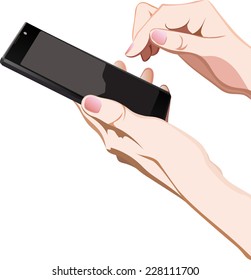 hands with black smartphone