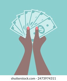 Hands of a black woman holding stack of dollar banknotes. Flat vector illustration