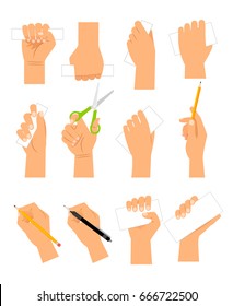 Hands and blank paper cards isolated white background  Writing hand holding pencil   hand and scissors vector illustration