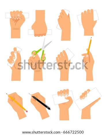 Hands with blank paper cards isolated on white background. Writing hand holding pencil and hand with scissors vector illustration