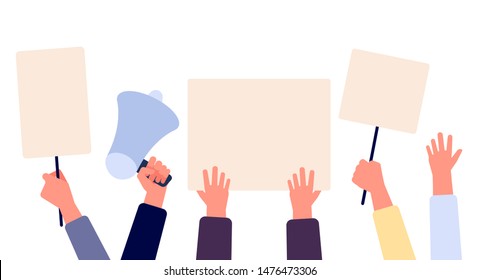 Hands with blank placard. People holding protests banners, activists with empty vote signs. Election campaigning vector concept. Illustration protest with placard, political freedom struggle