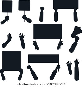 Hands with blank placard people holding protests banners activists protesters manifestation isolated Vector Silhouettes