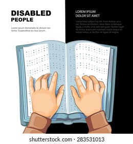 Hands Of The Blind Person Who Reads Braille's Book. Template For The Page Of The Magazine With Vector Picture. 