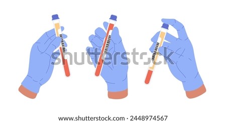 Hands with blood test tubes. Plasma test tubes. Nurses arm holding test tubes