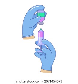 Hands in blue gloves holding ampoule and syringe. Doctor or nurse preparing vaccine or immunization shot. Vaccination, medical injection. Preventive medicine vector illustration on white background