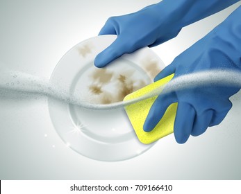 Hands In Blue Gloves Holding Sponge Scrubbing The Dirty Plates With Dish Cleaning Liquid Underwater, 3d Illustration