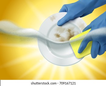 Hands In Blue Gloves Holding Sponge Scrubbing The Dirty Plates With Dish Cleaning Liquid Underwater, Glowing Background In 3d Illustration