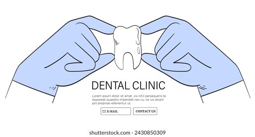 Hands in blue medical gloves hold white teeth vector illustration. Banner for dental clinic, practice or office. Dental care placard, banner or website page. Oral health concept.