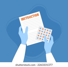 Hands in blue medical gloves holding paper instruction and a blister pack with pills on a blue background. Vector illustration in flat style