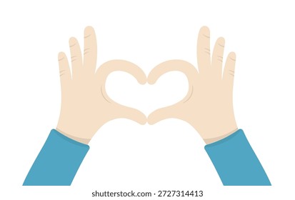 Hands with blue sleeves making heart shape gesture symbolizing love and affection