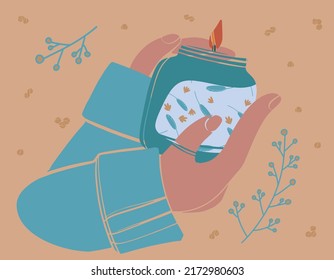 Hands in a blue sweater hold a burning candle in a jar. Flat design illustration. Vector illustration. Cozy home decor in blue colors. Vector set.