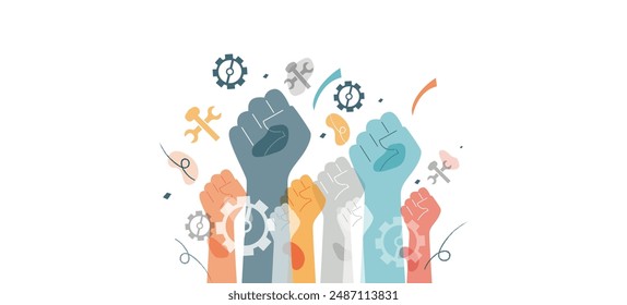 Hands with bolts and hammers. Labor Day conception.