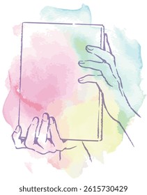 Hands and a book colored with watercolor. Vector sketch illustration.