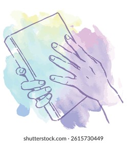 Hands and a book colored with watercolor. Vector sketch illustration.