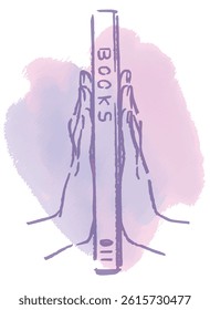 Hands and a book colored with watercolor. Vector sketch illustration.