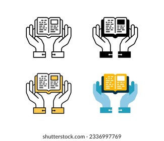 hands and book icon vector design in 4 style line, glyph, duotone, and flat