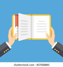 Hands with book. Knowledge, education flat concept. Vector illustration