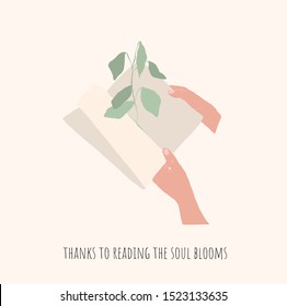 in the hands of a book from which greenery sprouts. surrealistic magic vector illustration. 