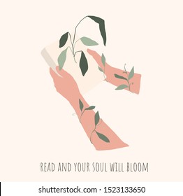 in the hands of a book from which greenery sprouts. surrealistic magic vector illustration. 