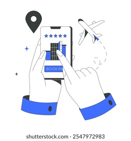 Hands Booking A Hotel Online On Smartphone. Flat Vector Illustration Symbolizing Online Hotel Reservations, Travel Planning, And Convenience, Isolated On White Background