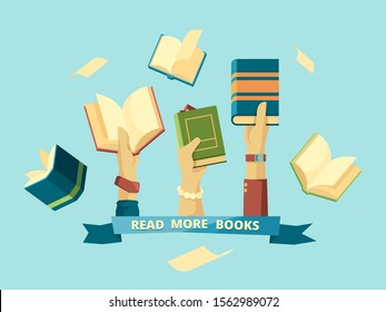 Hands with books. Education smart concept students reading and holding books in library vector background in flat style