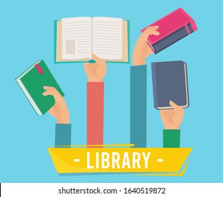 Hands with books. Library persons holding opening books vector concept of learning vector set